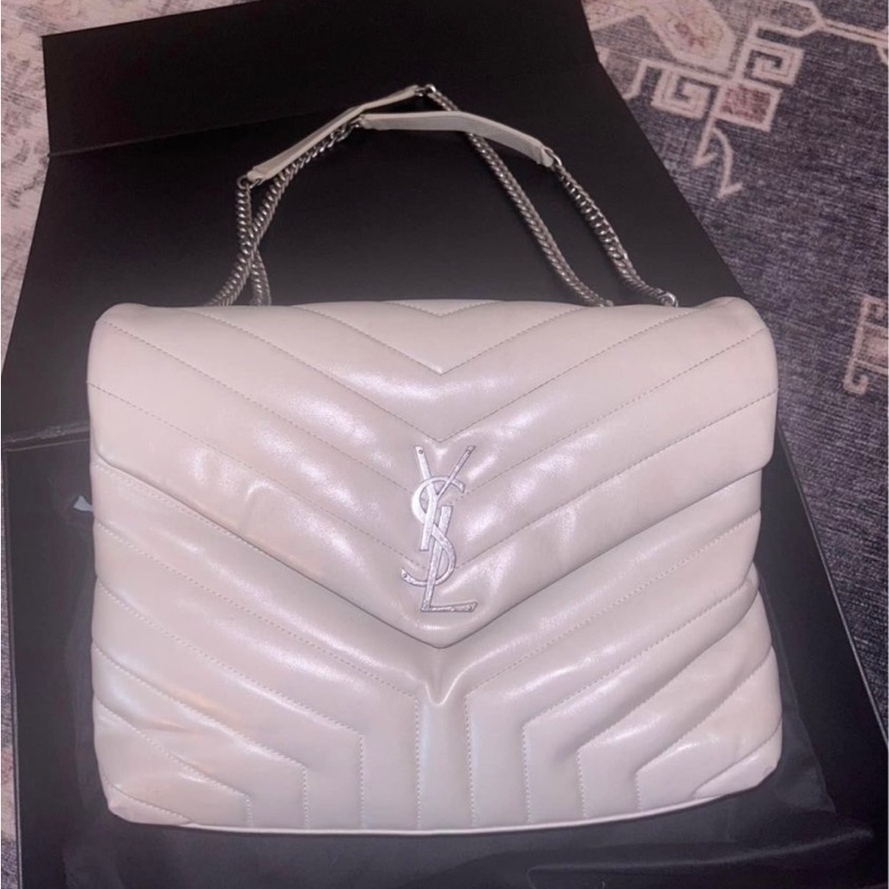YSL LouLou Medium Shoulder Bag - cream with silver hardware
